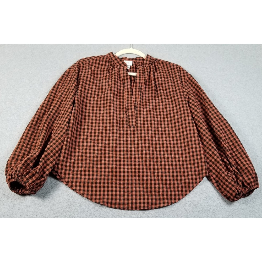A New Day Blouse Women Small S Orange Black Gingham Check Seersucker Long Sleeve